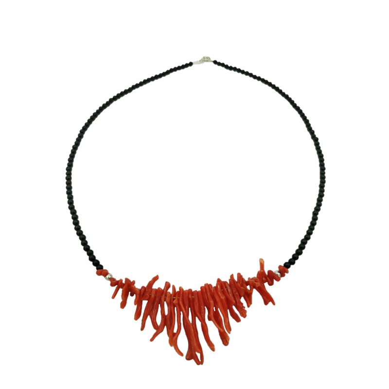 Collana Girocollo Frangia corallo rosso, agata nera e argento