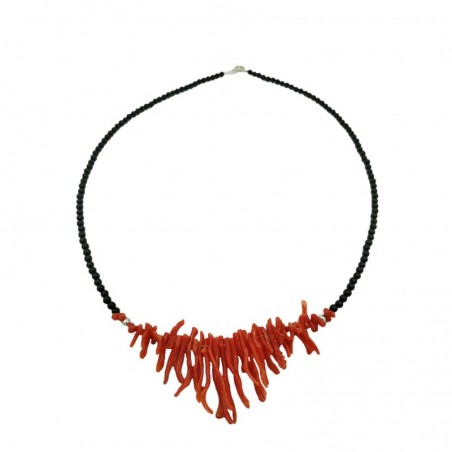 Collana Girocollo Frangia corallo rosso, agata nera e argento