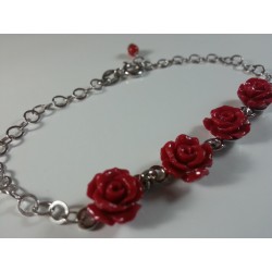 Bracciale argento 925 e rose in resina di corallo rosso